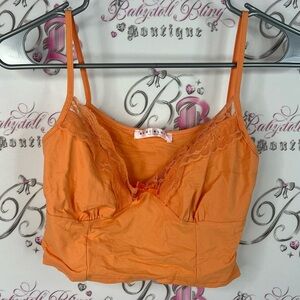 Blue blush tank top cropped lace bow ribbon 🎀 Orange Lace Trim Camisole
